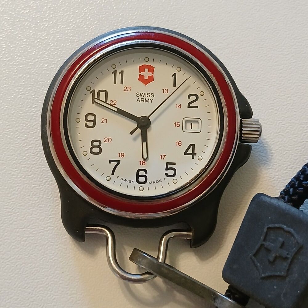 VTG 1990s Swiss Army Brand Pocket Watch Lanyard Red Bezel Date White Dial 31mm